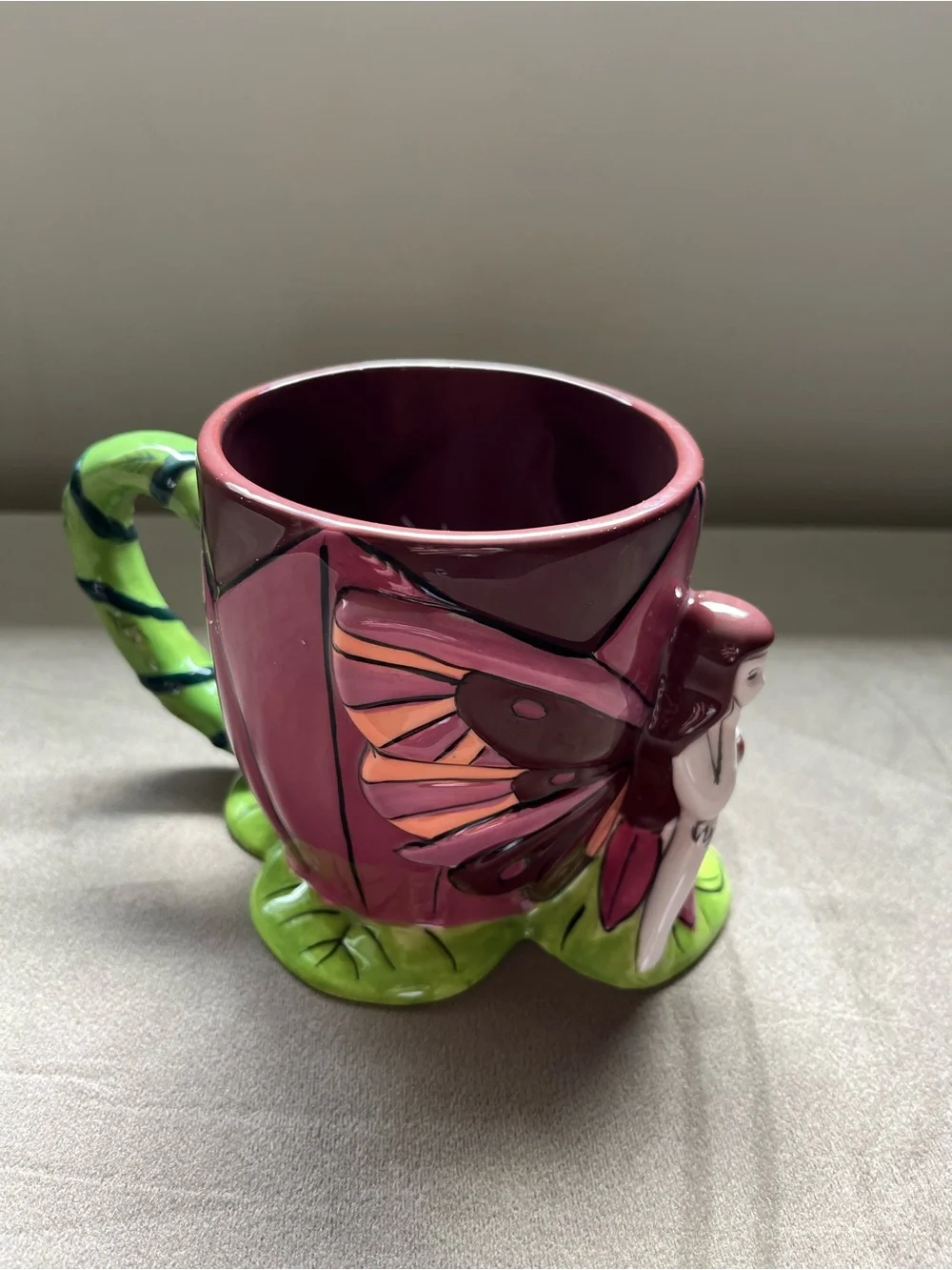 Pink and Green Ceramic Fairy Mug - Decorative Butterfly Design